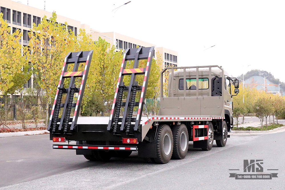 东风四轴平板挖掘车_8*4带尾爬升器7米6平板车_出口专用物流仓储集装箱车