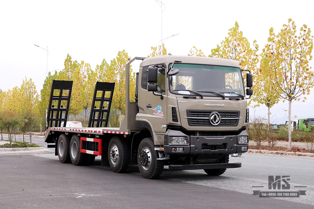 东风四轴平板挖掘车_8*4带尾爬升器7米6平板车_出口专用物流仓储集装箱车